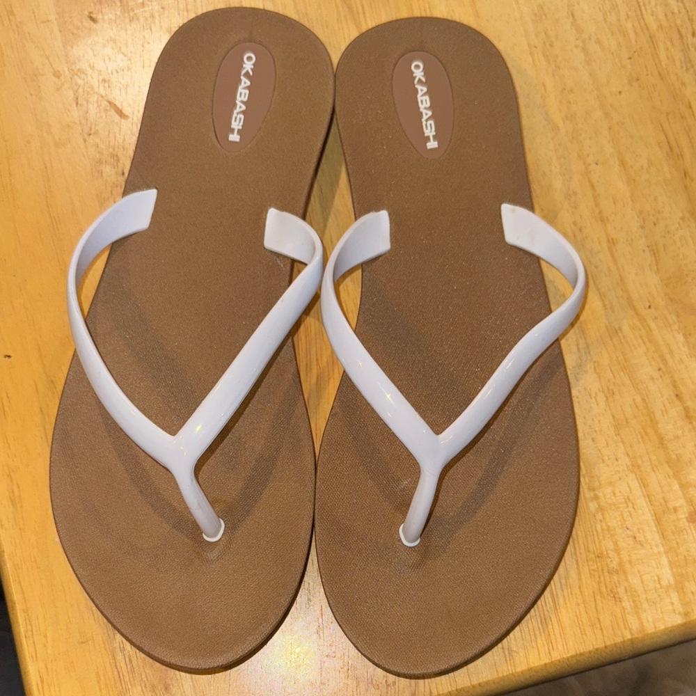 Okabashi Women's Sandals with White Straps and Brown Soles. Size 6